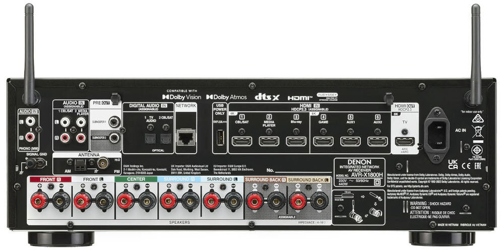 Kino domowe DENON AVR-X1800 + POLK AUDIO Signature elite ES60 + ES15 + ES35C -DENON AVR-X1800 – HDMI, USB, optyczne, eARC, pre-out, 8K, amplituner od tyłu na białym tle
