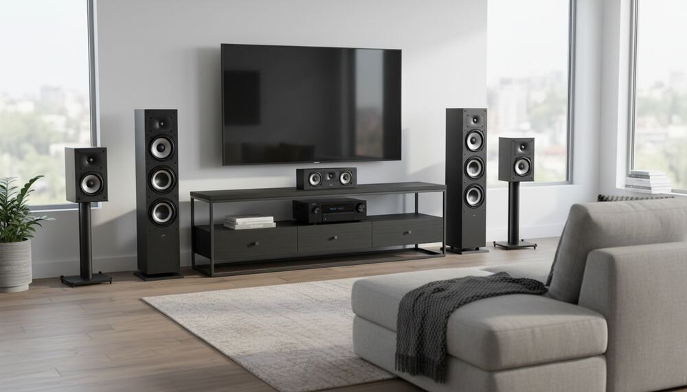 Zestaw kina domowego DENON AVR-X1800 + POLK AUDIO XT60/XT15/XT30C, system 7.2, amplituner i kolumny, zestaw stojący w pomieszczeniu