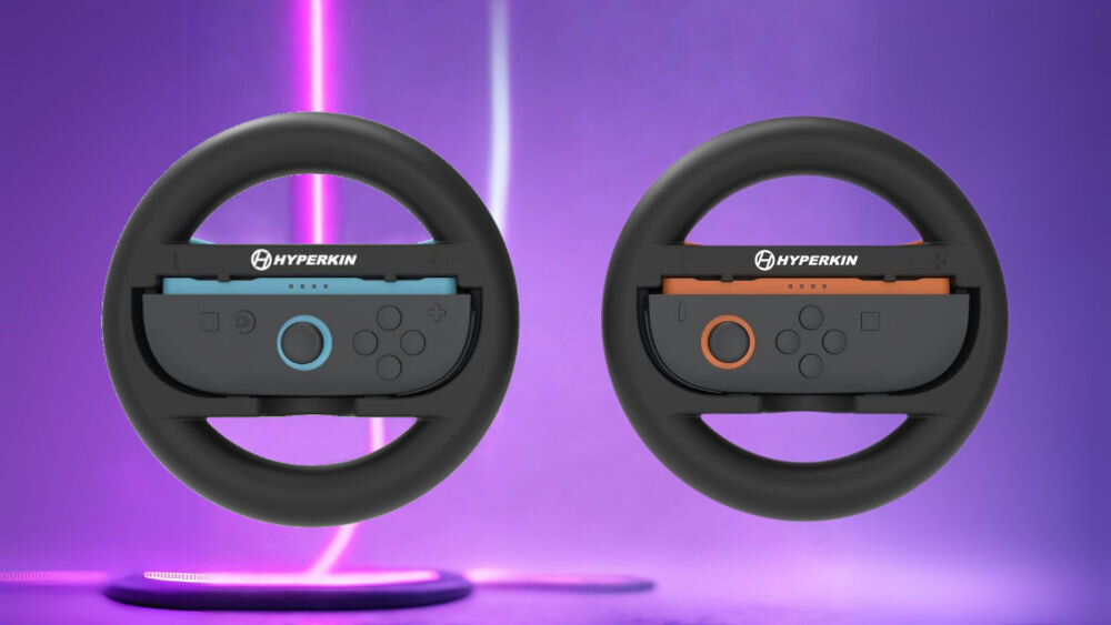 Kierownica na Joy-Con HYPERKIN ARMOR3 M07716 do Nintendo Switch 2 Czarny prezentacja kierownic na fioletowym tle z ledami