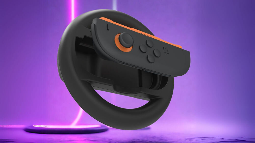 Kierownica na Joy-Con HYPERKIN ARMOR3 M07716 do Nintendo Switch 2 Czarny prezentacja kierownicy na fioletowym tle z ledami dwie czarne kierownice gry wyścigowe stabilny chwyt dokładne sterowanie