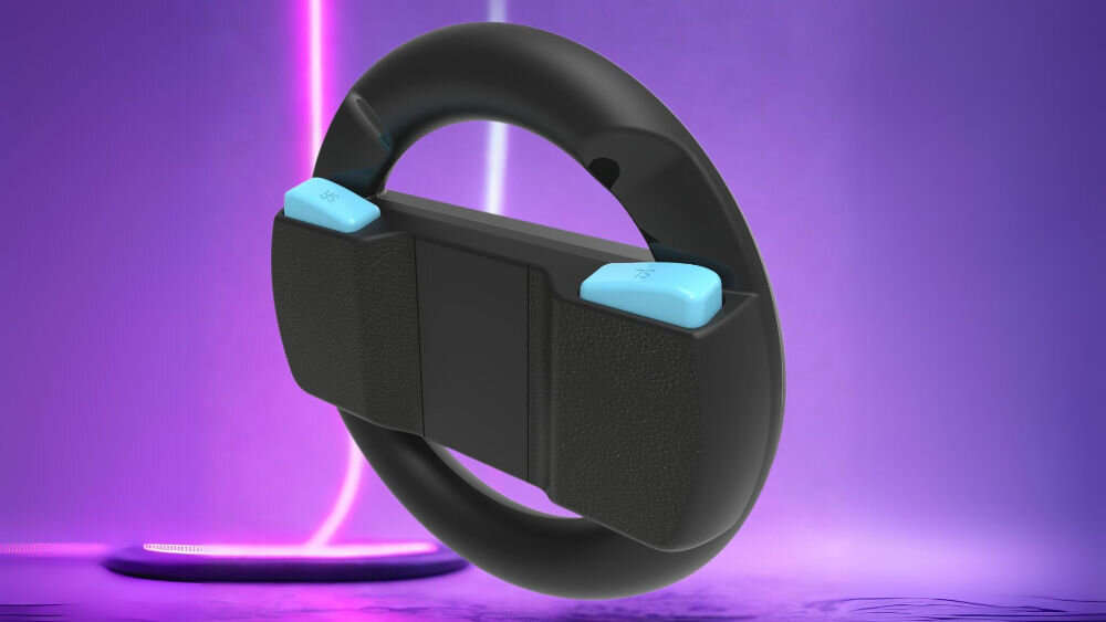 Kierownica na Joy-Con HYPERKIN ARMOR3 M07716 do Nintendo Switch 2 Czarny prezentacja kierownicy na fioletowym tle z ledami wytrzymałe tworzywo odporna na ślizganie powierzchnia ergonomiczny kształt czarna kolorystyka