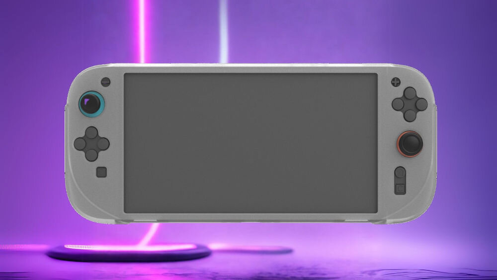 Etui ARMOR3 M07714-OQ do Nintendo Switch 2 Półprzezroczysty konsola z założonym etui na fioletowym tle z ledami