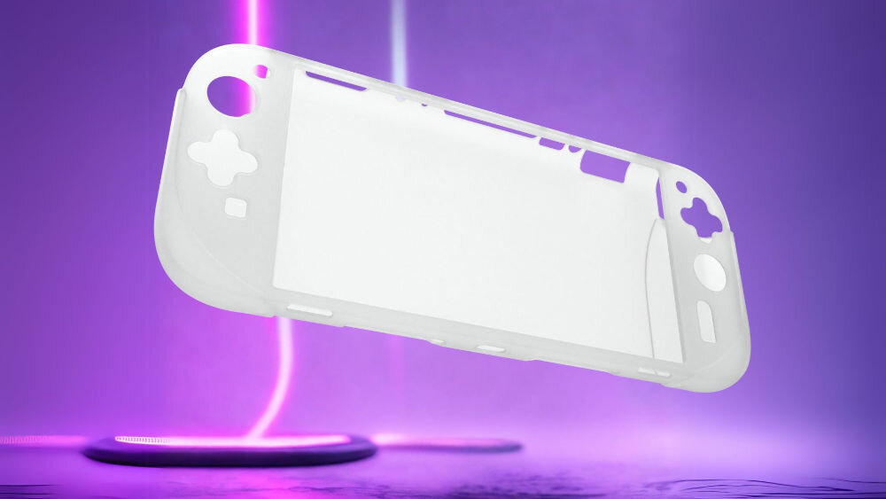 Etui ARMOR3 M07714-OQ do Nintendo Switch 2 Półprzezroczysty prezentacja etui na fioletowym tle z ledami silikonowa osłona wersja Opaque ochrona przed zarysowaniami drobnymi uderzeniami komfort użytkowania