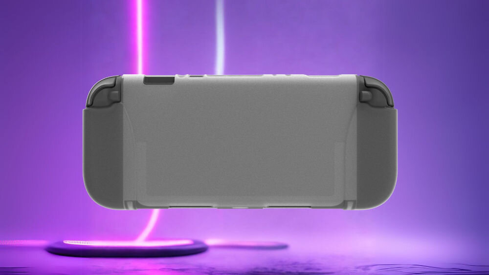 Etui ARMOR3 M07714-OQ do Nintendo Switch 2 Półprzezroczysty prezentacja etui na fioletowym tle z ledami półprzezroczyste wykończenie antypoślizgowa powierzchnia dobrze leży w dłoni