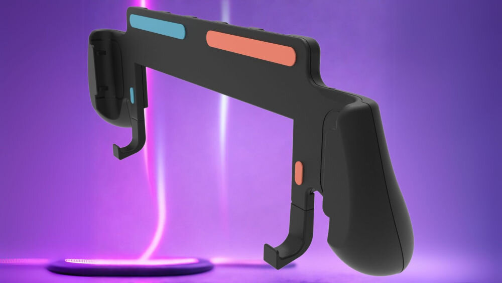 Uchwyt ARMOR3 M07715 do Nintendo Switch 2 Czarny prezentacja uchwytu na fioletowym tle z ledami pod kątem