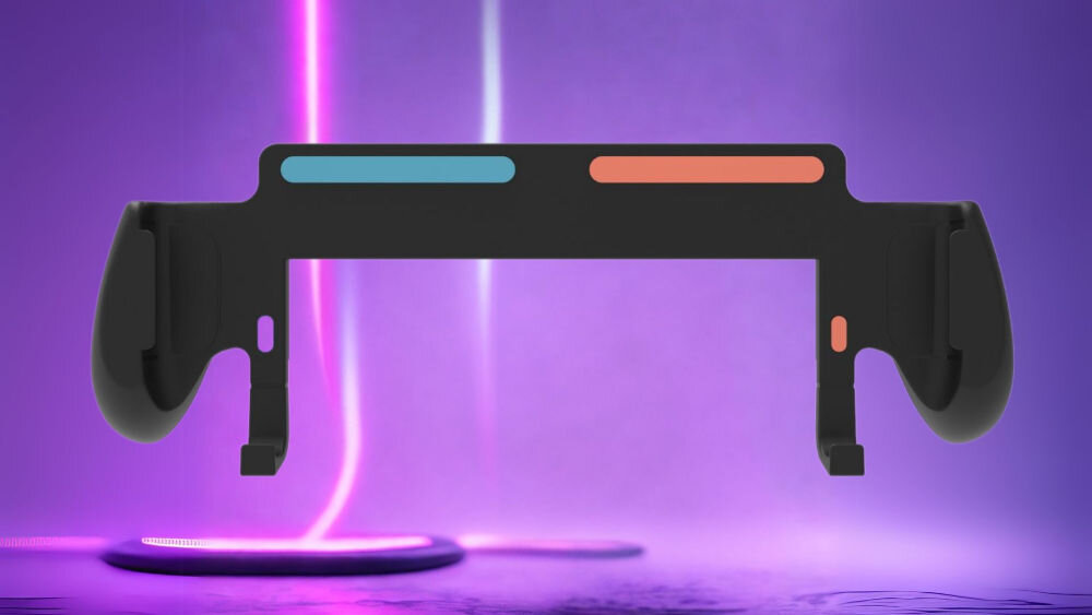 Uchwyt ARMOR3 M07715 do Nintendo Switch 2 Czarny prezentacja uchwytu na fioletowym tle z ledami