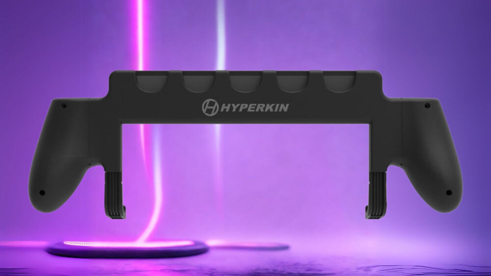 Uchwyt ARMOR3 M07715 do Nintendo Switch 2 Czarny prezentacja uchwytu na fioletowym tle z ledami od strony kartridży wbudowany schowek na kartridże zabierz dwoje ulubione tytuły