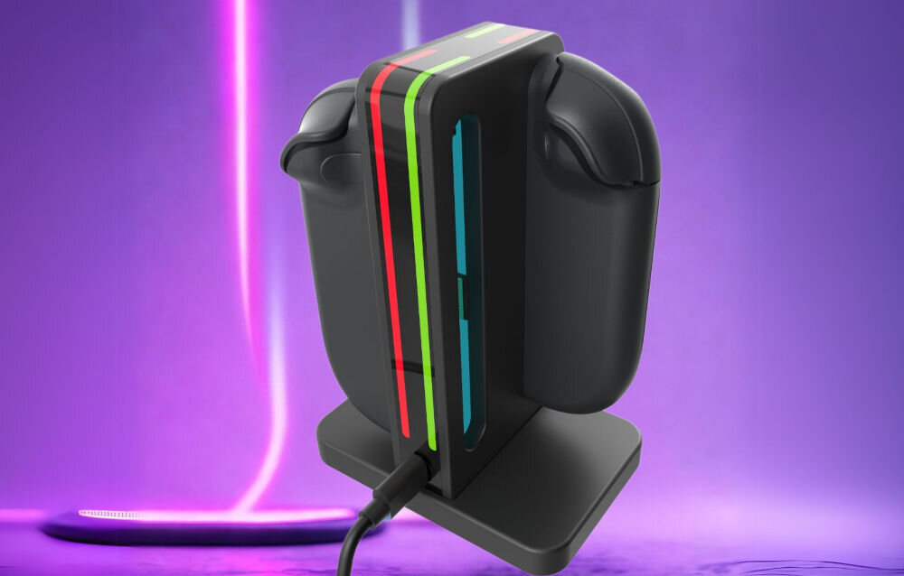 Stacja ładująca na Joy-Con HYPERKIN ARMOR3 M07718 do Nintendo Switch 2 Czarny prezentacja stacji ładowania z włożonymi kontrolerami na fioletowym tle z ledami jednoczesne ładowanie dwóch kontrolerów Joy-Con diody LED