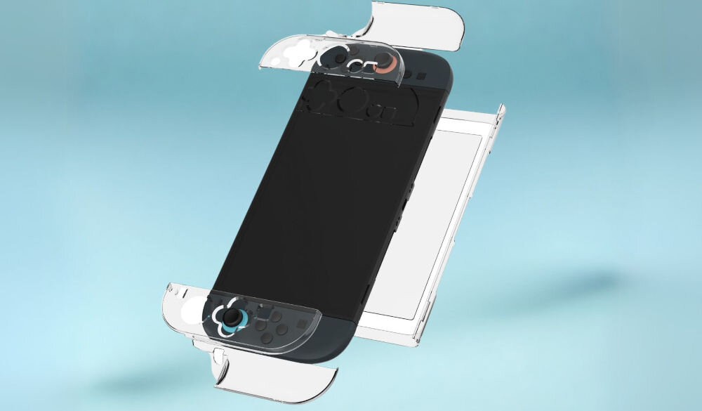 Etui ARMOR3 M07726 do Nintendo Switch 2 Przezroczysty wizualizacja zakładania etui na lewitującym Nintendo 2 niebeiskie tło