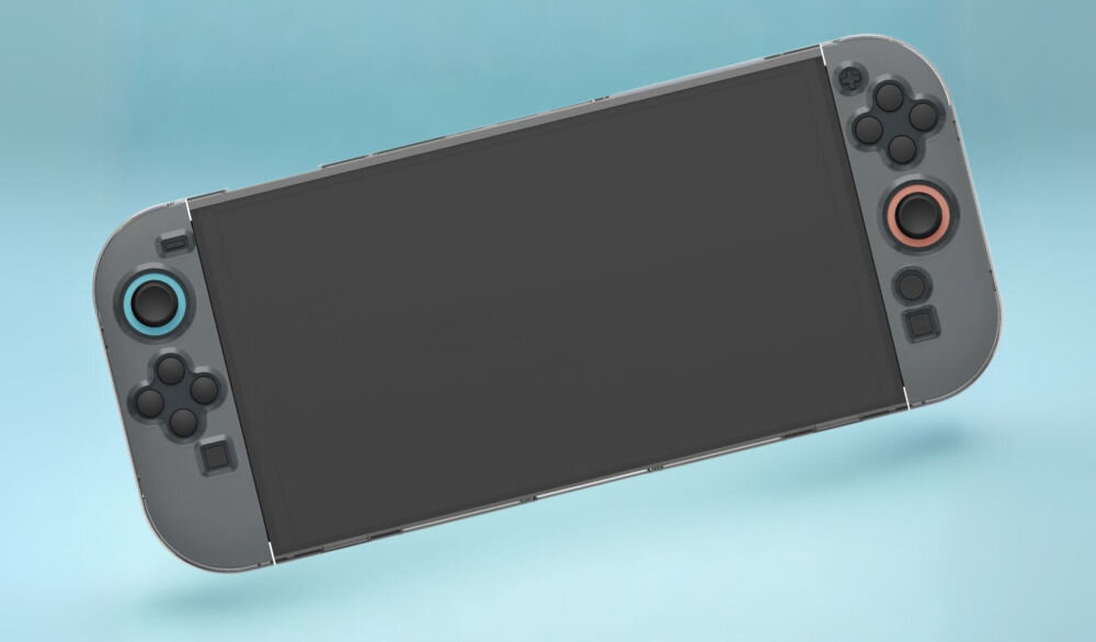 Etui ARMOR3 M07726 do Nintendo Switch 2 Przezroczysty prezentacja konsoli z założonym etui na niebieskim tle Nintendo Switch 2 Hyperkin twarda obudowa ochrona przed zarysowaniami uderzeniami zabrudzeniem