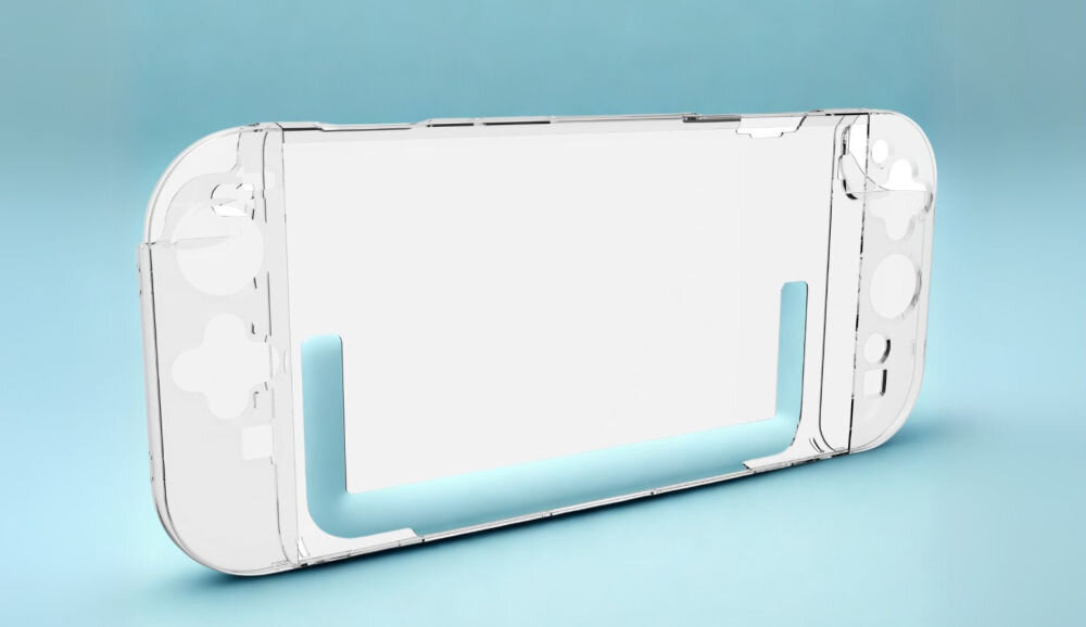 Etui ARMOR3 M07726 do Nintendo Switch 2 Przezroczysty prezentacja etui na niebieskim tle dopasowanie do Nintendo Switch 2 swobodny dostęp do wszystkich portów wygoda użytkowania