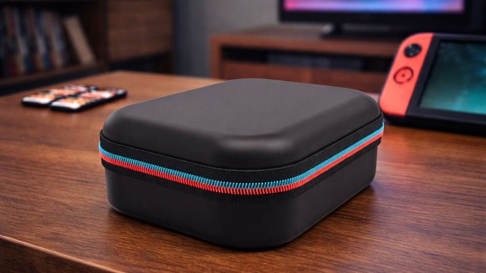 Zestaw akcesoriów do Joy-Con HYPERKIN ARMOR3 M07720 Nintendo Switch 2 prezentacja zestawu na stole w pokoju w tle konsola