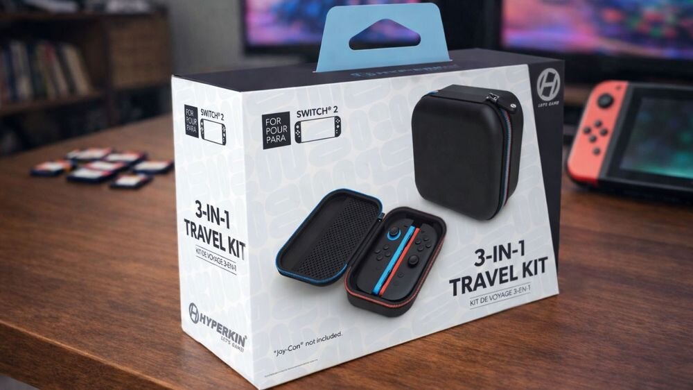 Zestaw akcesoriów do Joy-Con HYPERKIN ARMOR3 M07720 Nintendo Switch 2 prezentacja opakowania na stole w pokoju w tle konsola 2 silikonowe nakładki ochronne 2 Thumb Grips antypoślizgowa powierzchnia stabilny chwyt silikonowe osłony ochrona Joy-Con® przed codziennym zużyciem