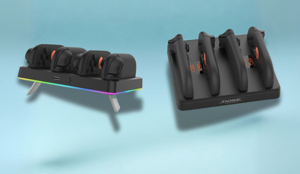 Stacja dokująca DOBE TNS-3160 do Nintendo Switch 2 prezentacja możliwości montażu na stojąco i pionowo na ścianie niebieskie tło jednoczesne ładowanie 4 Joy-Conów Nintendo Switch 2 podświetlenie RGB wskaźniki LED informacja o statusie ładowania kontrolerów możliwy montaż na ścianie oszczędność miejsca