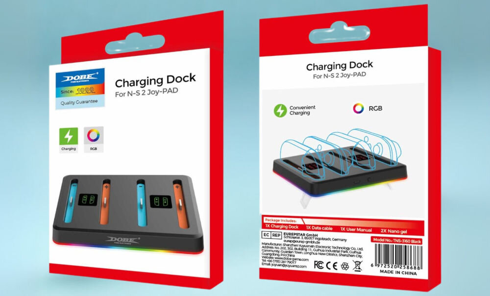 Stacja dokująca DOBE TNS-3160 do Nintendo Switch 2 prezentacja opakowania stacji ładującej od przodu i tyłu na niebieskim tle wymiary waga kabel długość port wydajny prąd ładowania 200mA x 4