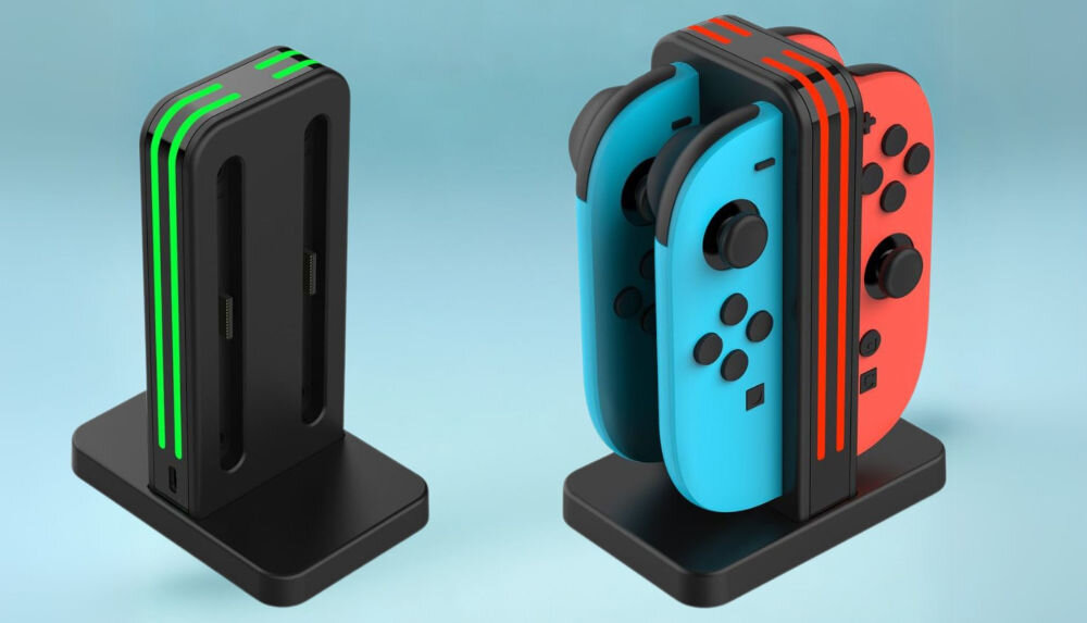 Stacja ładująca DOBE TNS-3171 do Nintendo Switch 2 prezentacja doku bez kontrolerów i z  pokazanie taśm ledowych w dwóch stanach niebieskie tło Nintendo Switch 2 wygodne szybkie ładowanie wejście Type-C 5V 1.5A cztery kanały ładowania 200 mA każdy taśma świetlna funkcjonalność