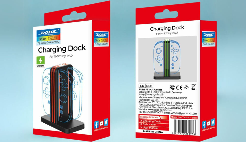 Stacja ładująca DOBE TNS-3171 do Nintendo Switch 2 prezentacja opakowania stacji ładującej od przodu i tyłu na niebieskim tle wymiary waga kabel długość czerwona dioda LED ładowanie zielona zakończenie procesu