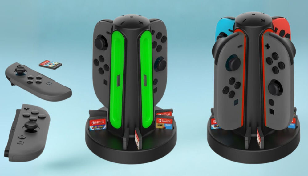 Stacja ładująca DOBE TNS-3172 do Nintendo Switch 2 prezentacja doku z włożonymi kontrolerami oraz grami obok kontrolery lewitujące i karta niebieskie tło