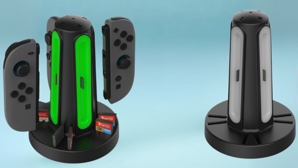 Stacja ładująca DOBE TNS-3172 do Nintendo Switch 2 prezentacja stacji pustej i z kontrolerami i grami włożonymi niebieskie tło wielofunkcyjna stacja ładująca Nintendo Switch 2 jednoczesne ładowanie aż 4 Joy-Conów wskaźniki LED 360 stopni status ładowania uchwyt na 6 kartridży z grami