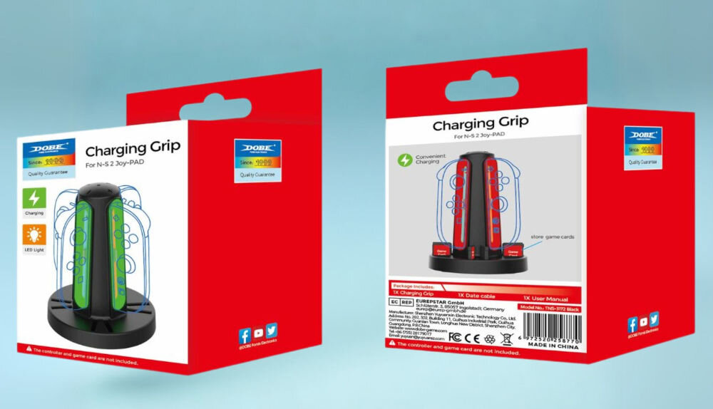 Stacja ładująca DOBE TNS-3172 do Nintendo Switch 2 prezentacja opakowania stacji ładującej od przodu i tyłu na niebieskim tle kabel długość oszczędność miejsca port wydajny prąd ładowania 200mA x 4 Nintendo Switch 2