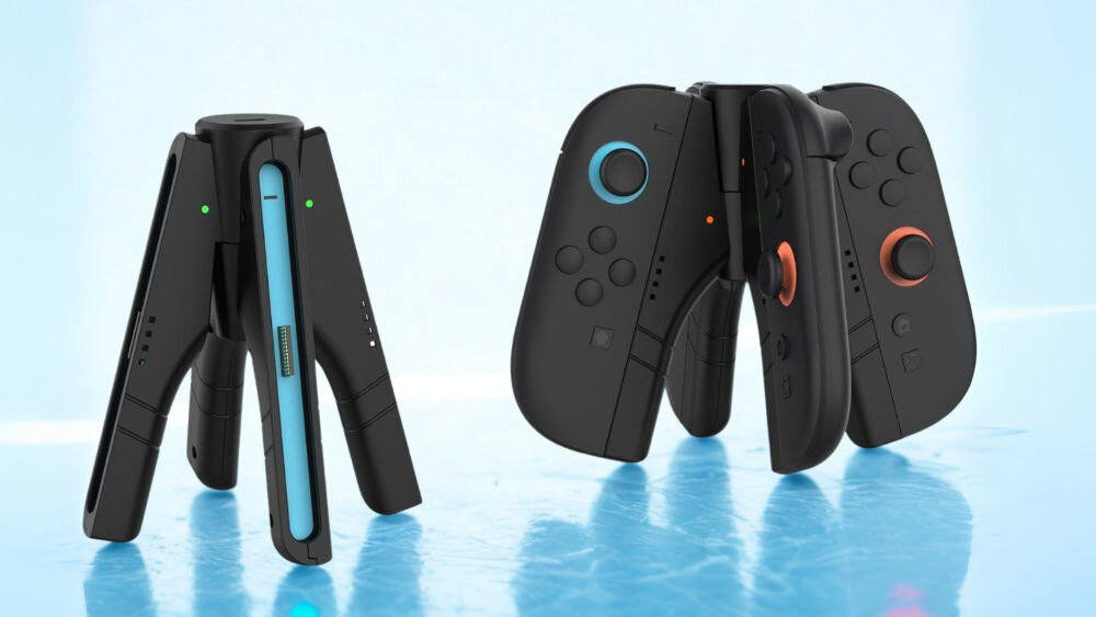 Ładowarka DOBE TNS-3156 do Nintendo Switch 2 prezentacja stacji ładującej z włożonymi kontrolerami i drugiej bez na niebieskim tle z imitacją wody