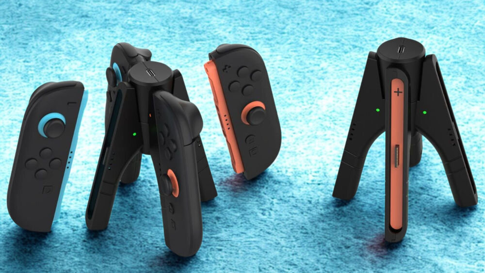 Ładowarka DOBE TNS-3156 do Nintendo Switch 2 prezentacja stacji pustej i z kontrolerami włożonymi niebieskie tło imitujące wodę stacja ładująca Nintendo Switch 2 ładowanie 2 Joy-Conów w specjalnych gripach komfortowa rozgrywka bez przerw