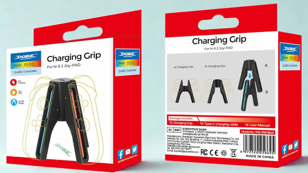 Ładowarka DOBE TNS-3156 do Nintendo Switch 2 prezentacja opakowania stacji ładującej od przodu i tyłu na niebieskim tle kabel długość oszczędność miejsca port wydajny prąd ładowania 200mA x 4 Nintendo Switch 2 waga wymiary jednoczesne ładowanie 4 Joy-Conów 2 w gripach i 2 w podstawie