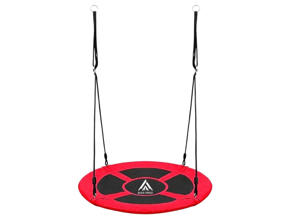 Czerwona huśtawka ogrodowa w kształcie koła z czarnym środkiem i logo \'BLACK FOREST\'. Huśtawka zawieszona jest na dwóch czarnych linach.