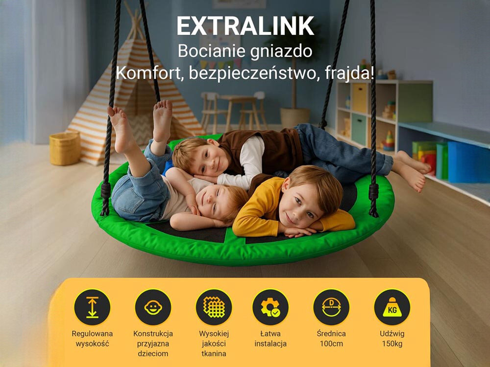 Huśtawka ogrodowa BLACK FOREST Bocianie Gniazdo SW100X 100 cm Zielony, bujanie, relaks, zabawa, dzieci, w tle pokój dziecięcy, na pierwsym planie trójka dzieci na huśtawce