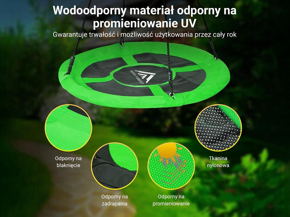 Huśtawka ogrodowa BLACK FOREST Bocianie Gniazdo SW100X 100 cm Zielony, kształt, Zaprojektowana, wygoda, rozrywka, 2 zdjęcia w 1 pokazujące dzieci bawiące się na huśtawce oraz logotypy użytku wewnątrz i na zewnątrz