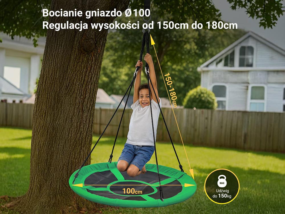 Huśtawka ogrodowa BLACK FOREST Bocianie Gniazdo SW100X 100 cm Zielony, zainstalowanie, miejsce, konstrukcja, konserwacja, 4 zdjęcia w 1 przedstawiające instalację etapową siedziska