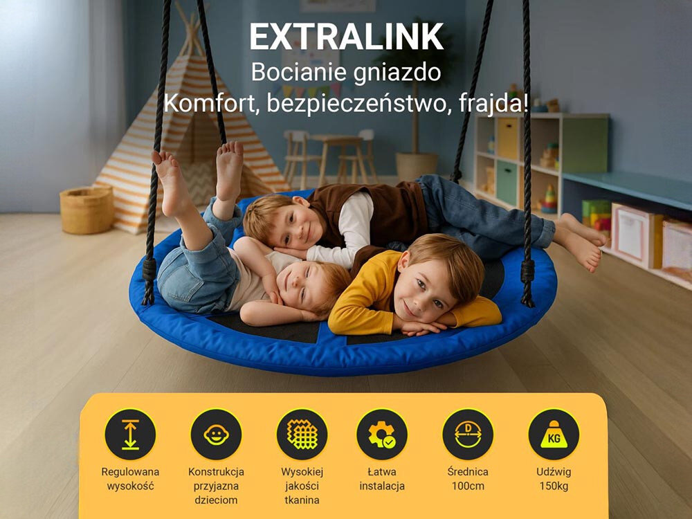 Huśtawka ogrodowa BLACK FOREST Bocianie Gniazdo SW100X 100 cm Niebieski, bujanie, relaks, zabawa, dzieci, w tle pokój dziecięcy, na pierwsym planie trójka dzieci na huśtawce