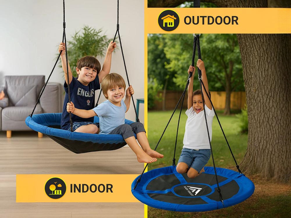 Huśtawka ogrodowa BLACK FOREST Bocianie Gniazdo SW100X 100 cm Niebieski, kształt, Zaprojektowana, wygoda, rozrywka, 2 zdjęcia w 1 pokazujące dzieci bawiące się na huśtawce oraz logotypy użytku wewnątrz i na zewnątrz