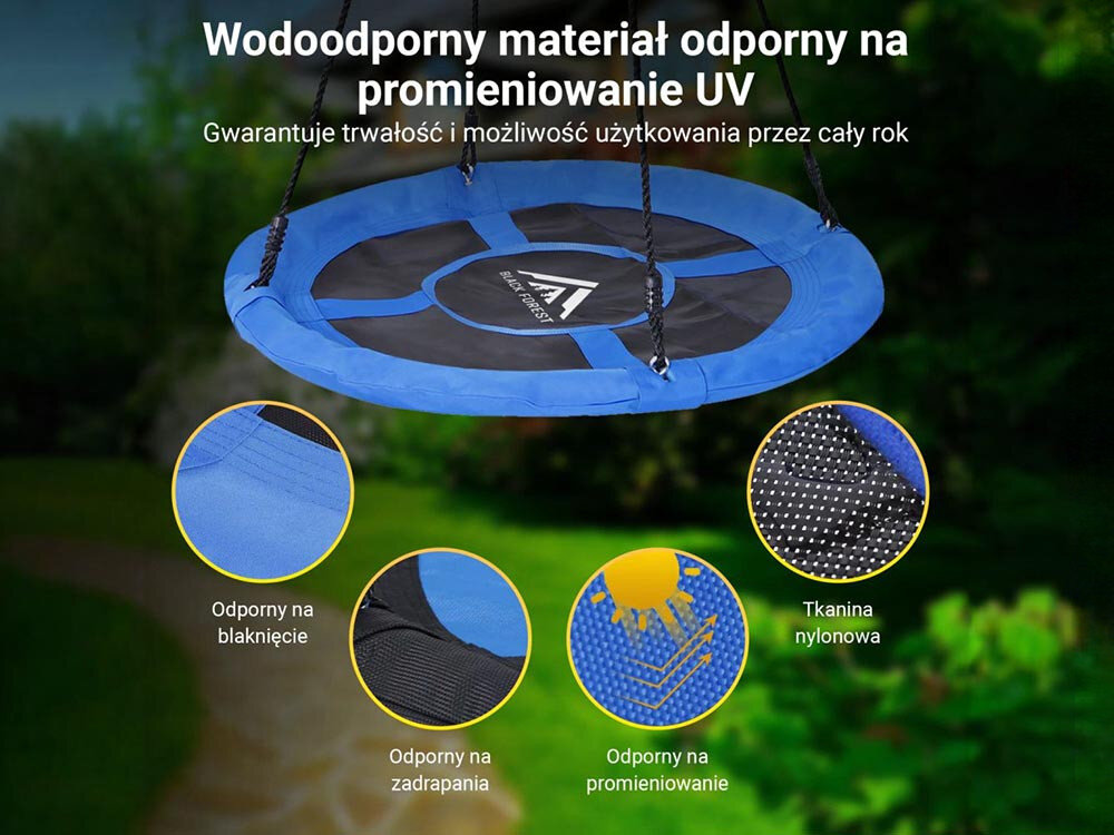 Huśtawka ogrodowa BLACK FOREST Bocianie Gniazdo SW100X 100 cm Niebieski, stabilnośc, Bezpieczeństwo, materiały, trwałość, warunki, 4 zdjęcia w 1 przedstawiające elementy huśtawki w zbliżeniu