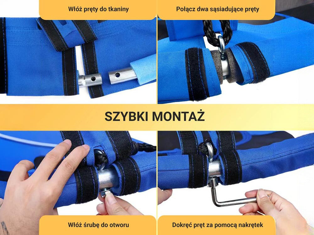 Huśtawka ogrodowa BLACK FOREST Bocianie Gniazdo SW100X 100 cm Niebieski, zainstalowanie, miejsce, konstrukcja, konserwacja, 4 zdjęcia w 1 przedstawiające instalację etapową siedziska