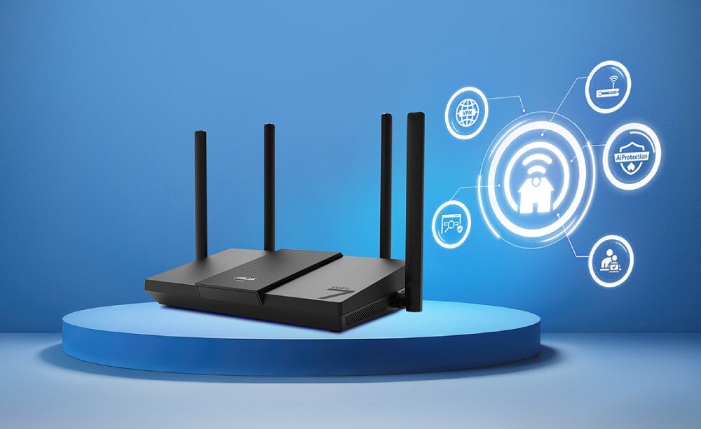 Router ASUS RT-BE50 Czarny router z czterema antenami ustawiony na niebieskiej, podświetlonej platformie. W tle widoczne ikony symbolizujące funkcje takie jak VPN, AiProtection i inteligentny dom, opis