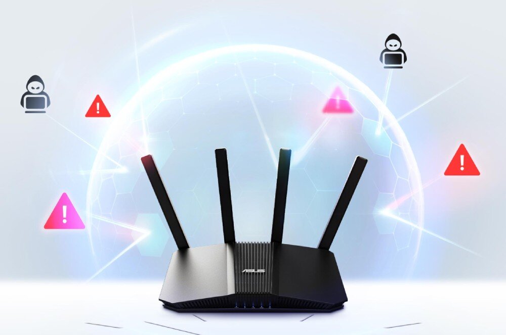 Router ASUS RT-BE50 Router z czterema antenami na tle kuli symbolizującej sieć. Wokół urządzenia widoczne ikony zagrożeń oraz sylwetki przedstawiające potencjalnych intruzów, ochrona sieci, zabezpieczenia, filtrowanie, profile