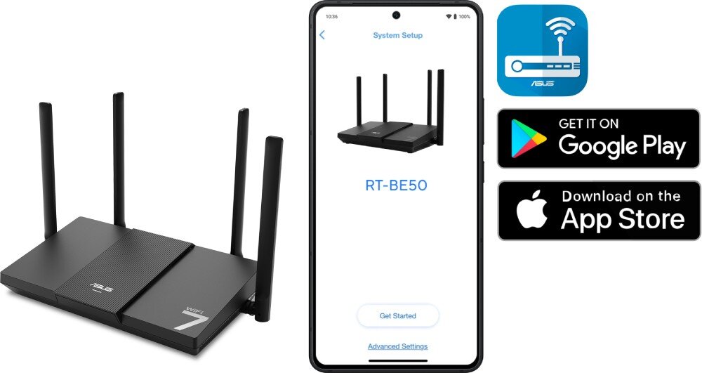 Router ASUS RT-BE50 Router na białym tle obok smartfona z aplikacją konfiguracyjną. Obok widoczne logotypy sklepów Google Play i App Store, aplikacja, ustawienia, zarządzanie, złącza RJ-45