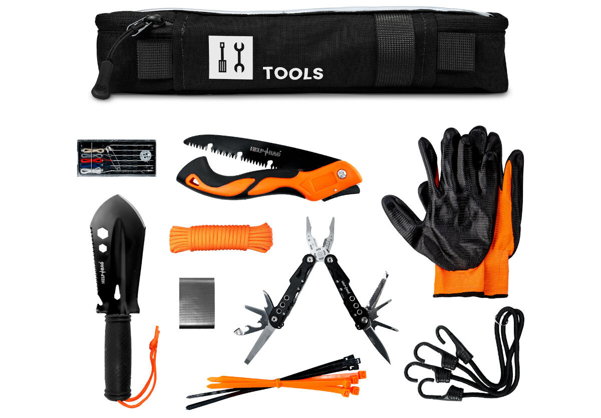 Plecak ewakuacyjny HELP BAG Max Czarny, taśma, rękawice, sznurek, łopata, linki, piła, na białym tle w torba modułu oraz poniżej w pełni przedstawione akcesoria zestawu
