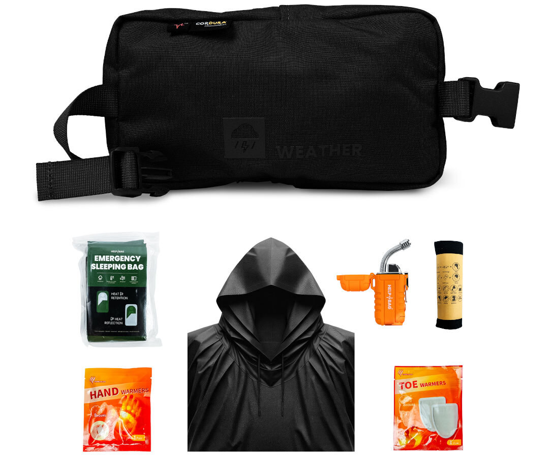 Plecak ewakuacyjny HELP BAG Max Czarny, pogoda, deszcz, warunki, ogrzewacze, na białym tle w torba modułu oraz poniżej w pełni przedstawione akcesoria zestawu