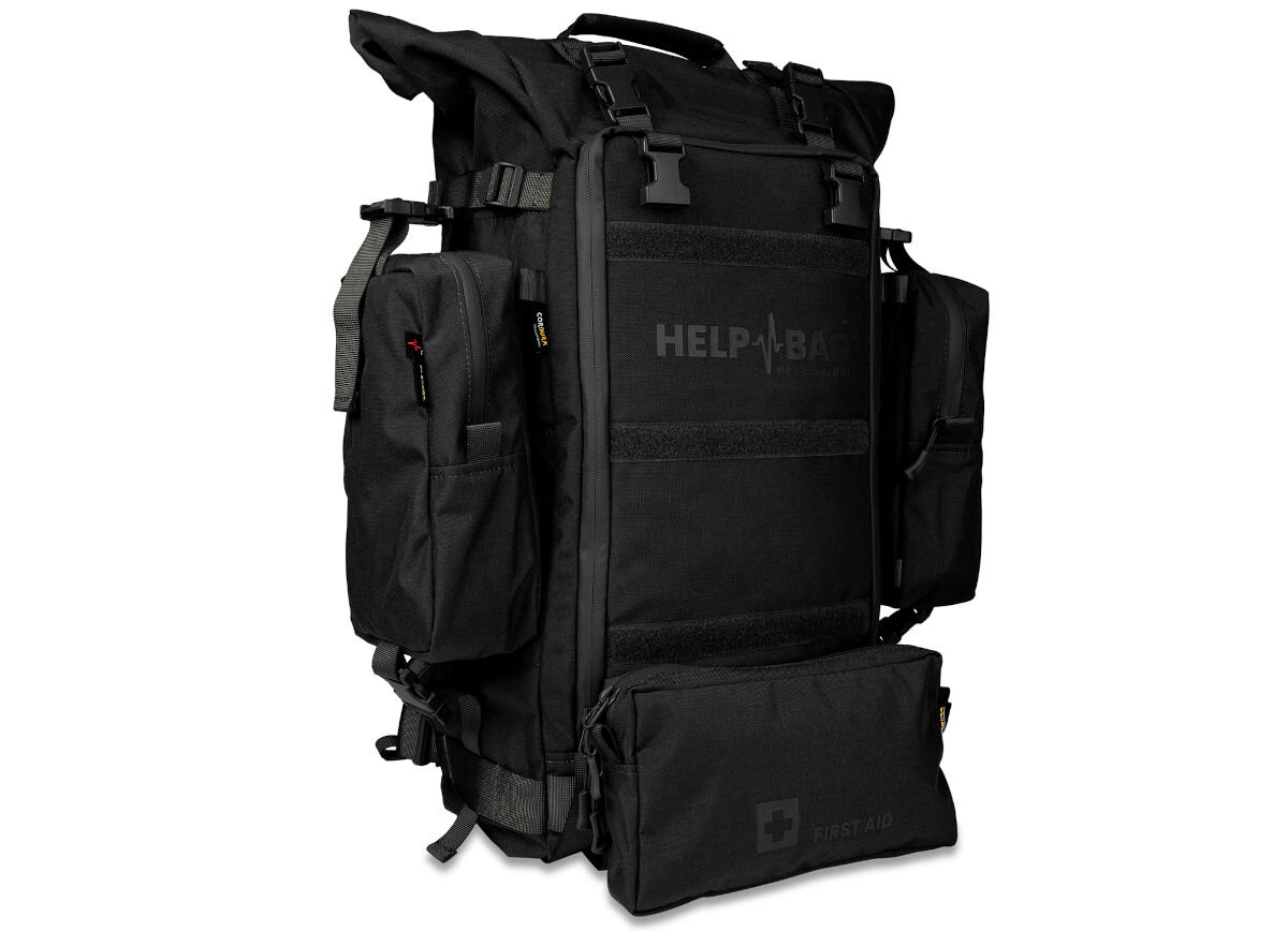 Plecak ewakuacyjny HELP BAG Max Czarny, wymiary, waga, materiał, odporność, na białym tle w pełni zapakowany plecak koloru czarnego
