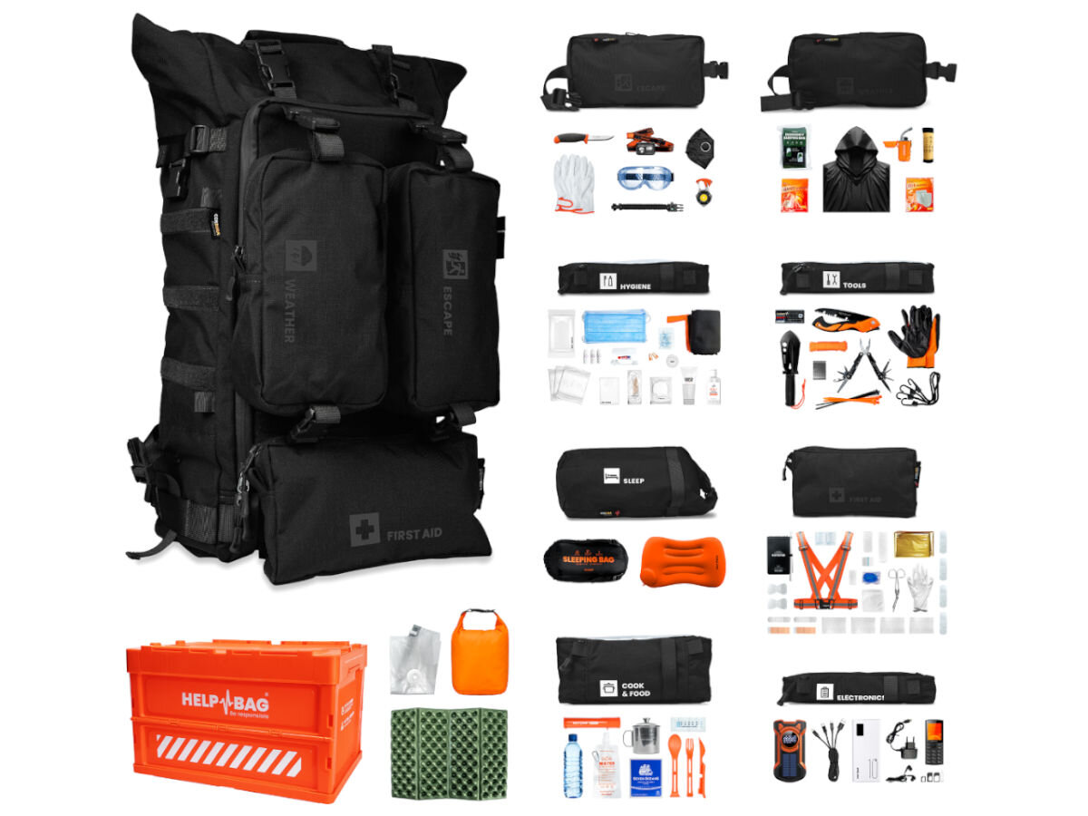 Plecak ewakuacyjny HELP BAG Max Czarny, zestaw, moduł, zawartość, plecak, na białym tle plecak, poniżej skrzynia, po prawej wszystkie moduły wraz z ich rozpakowanymi akcesoriami