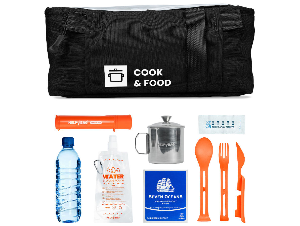 Plecak ewakuacyjny HELP BAG Max Czarny, jedzenie, spożycie, moduł, gotowanie, na białym tle w torba modułu oraz poniżej w pełni przedstawione akcesoria zestawu