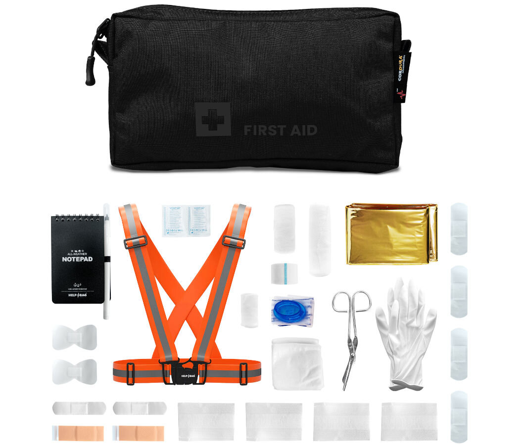 Plecak ewakuacyjny HELP BAG Max Czarny, apteczka, pierwsza pomoc, leki, ratowanie, na białym tle w torba modułu oraz poniżej w pełni przedstawione akcesoria zestawu