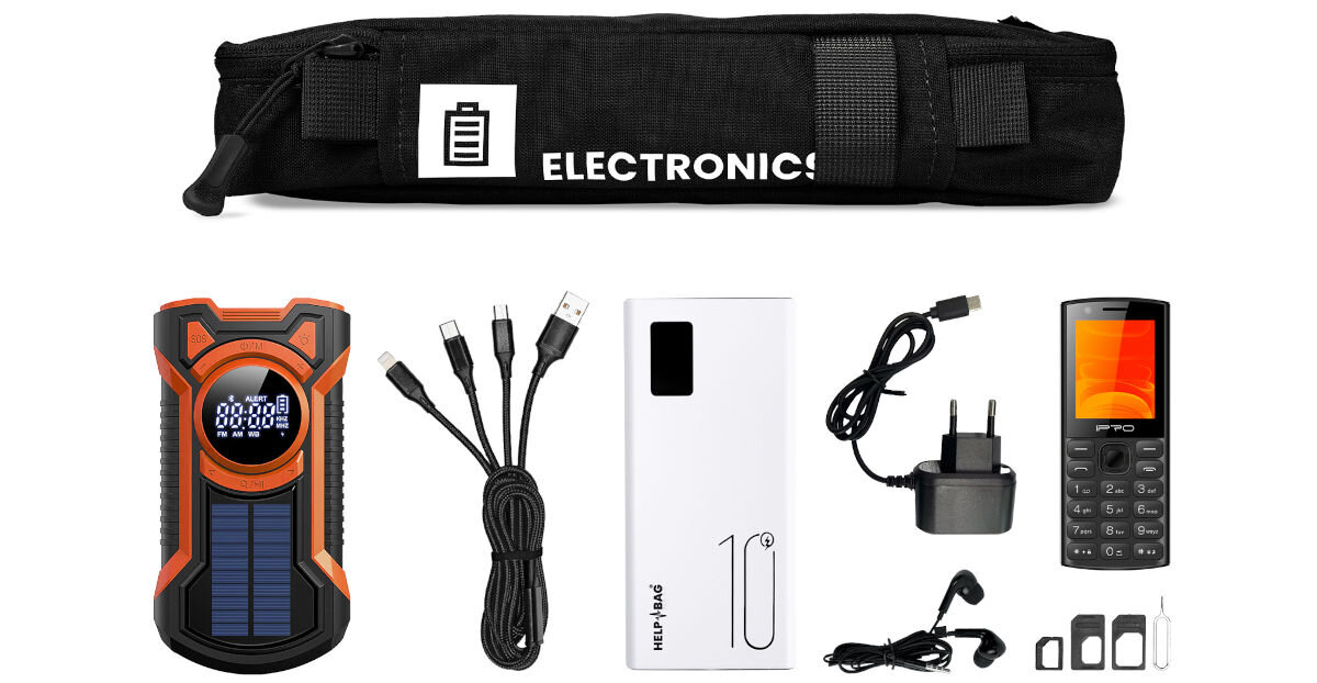 Plecak ewakuacyjny HELP BAG Max Czarny, prąd, zasilanie, komunikacja, radio, na białym tle w torba modułu oraz poniżej w pełni przedstawione akcesoria zestawu