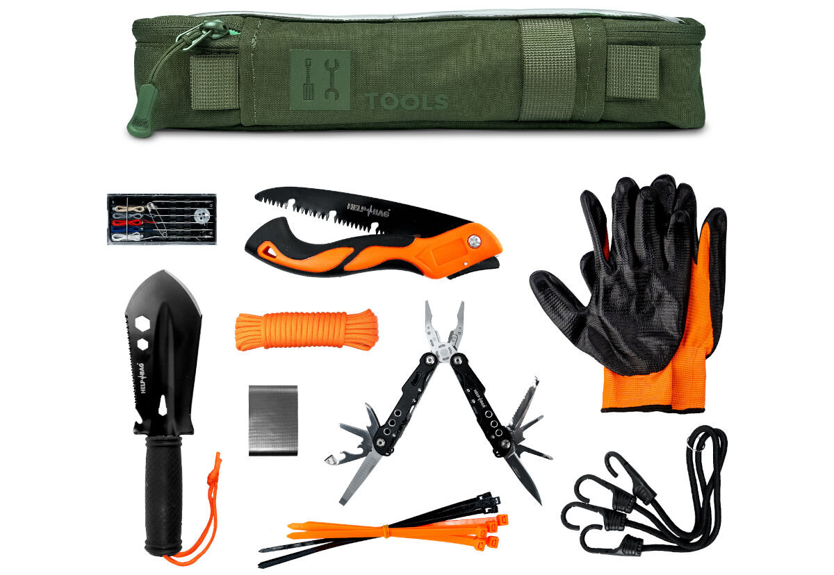 Plecak ewakuacyjny HELP BAG Max Zielony, taśma, rękawice, sznurek, łopata, linki, piła, na białym tle w torba modułu oraz poniżej w pełni przedstawione akcesoria zestawu