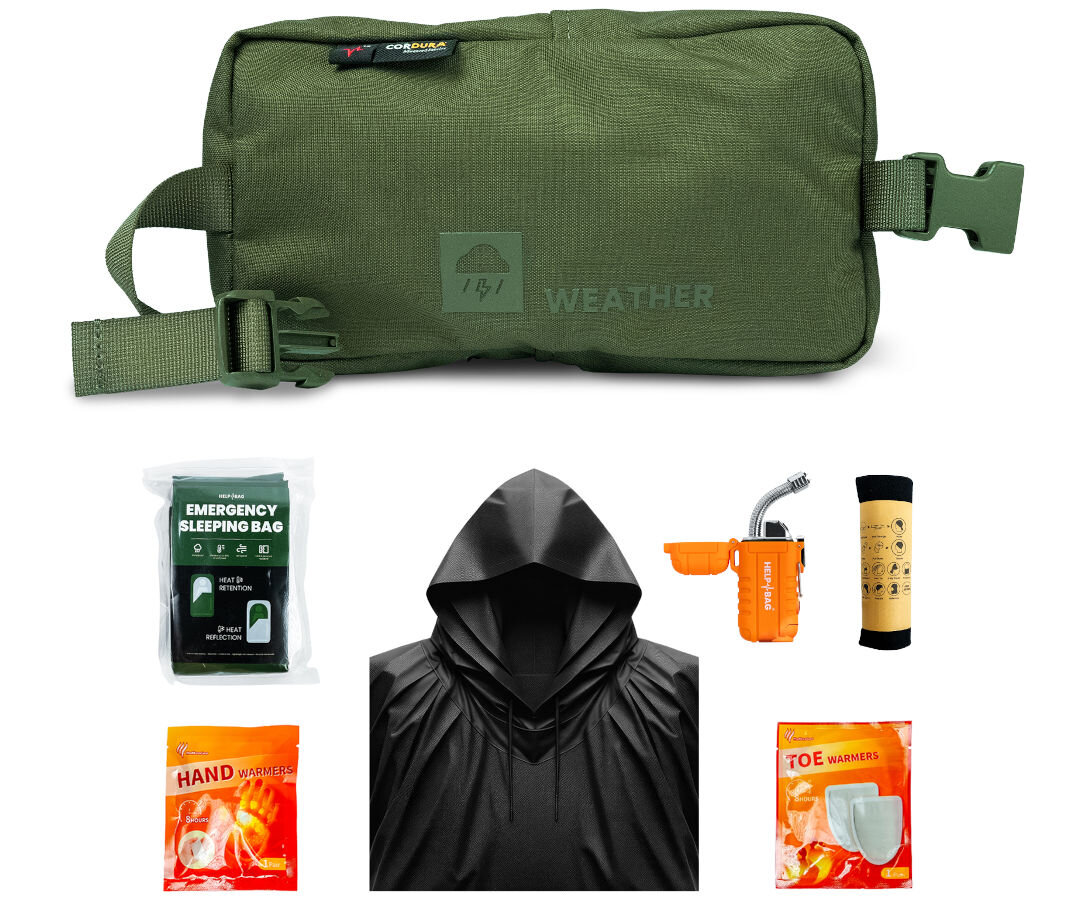 Plecak ewakuacyjny HELP BAG Max Zielony, pogoda, deszcz, warunki, ogrzewacze, na białym tle w torba modułu oraz poniżej w pełni przedstawione akcesoria zestawu