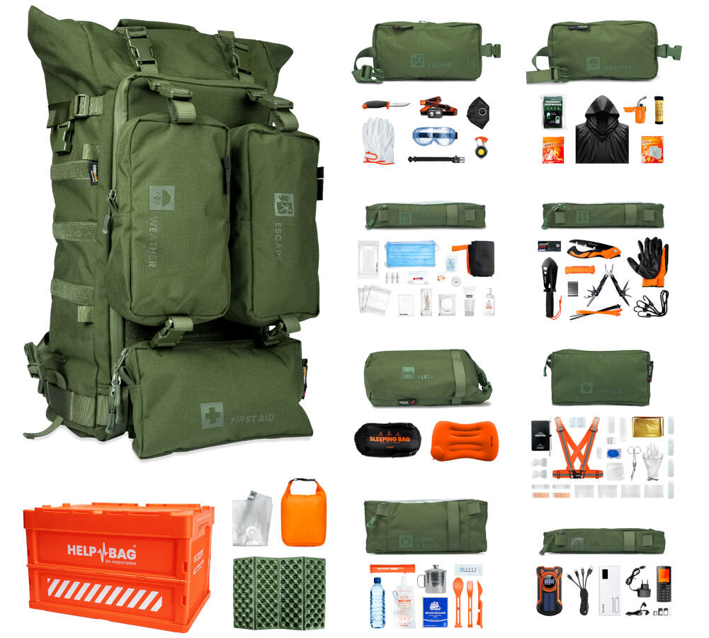Plecak ewakuacyjny HELP BAG Max Zielony, zestaw, moduł, zawartość, plecak, na białym tle plecak, poniżej skrzynia, po prawej wszystkie moduły wraz z ich rozpakowanymi akcesoriami