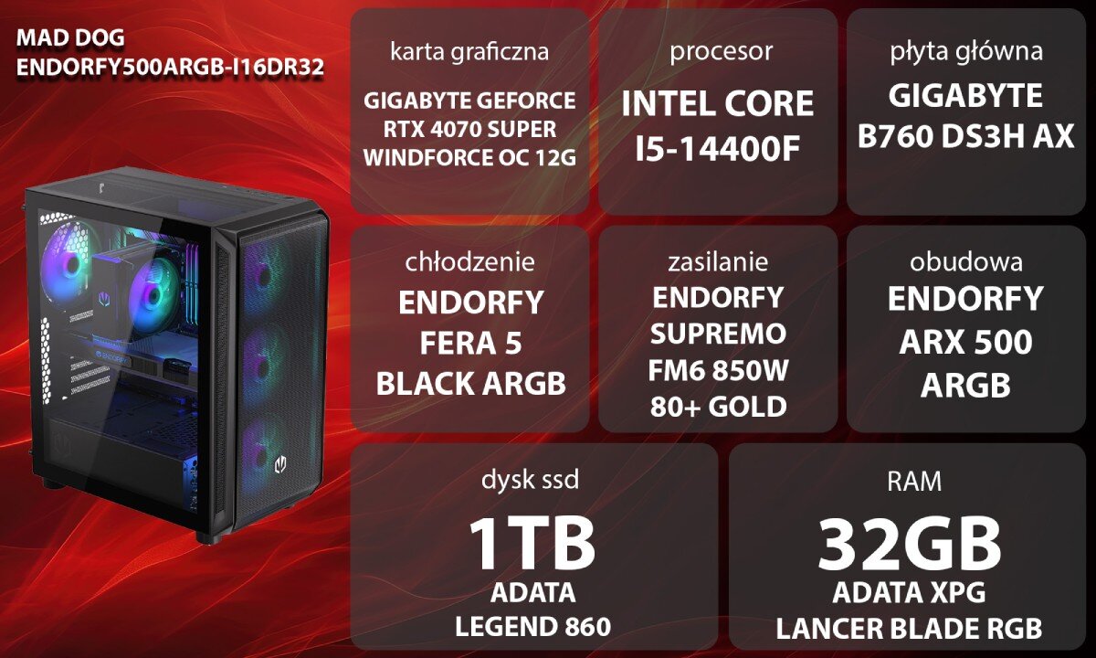 Komputer MAD DOG ENDORFY500ARGB-I16DR32 Grafika przedstawiająca specyfikację komputera. Po lewej stronie widoczny komputer, opis
