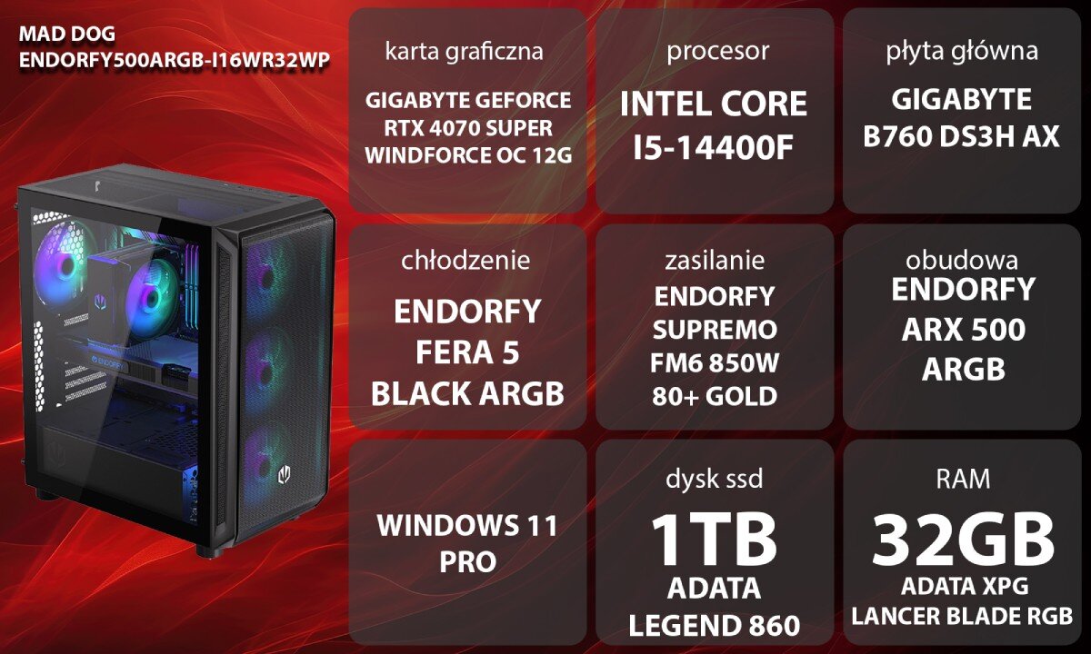 Komputer MAD DOG ENDORFY500ARGB-I16WR32WP Grafika przedstawiająca specyfikację komputera. Po lewej stronie widoczny komputer, opis
